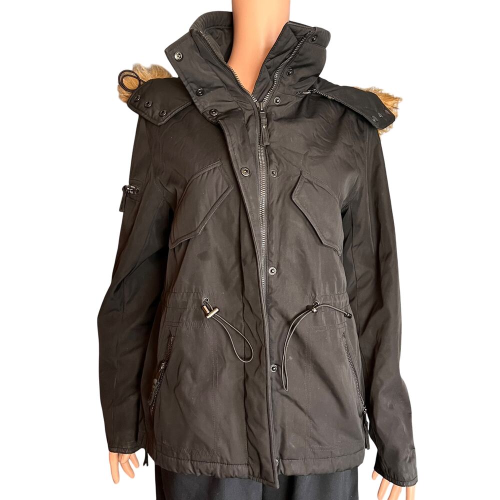 S13 New York Black Faux Fur Trim Hooded Puffer Jacket – Size Medium